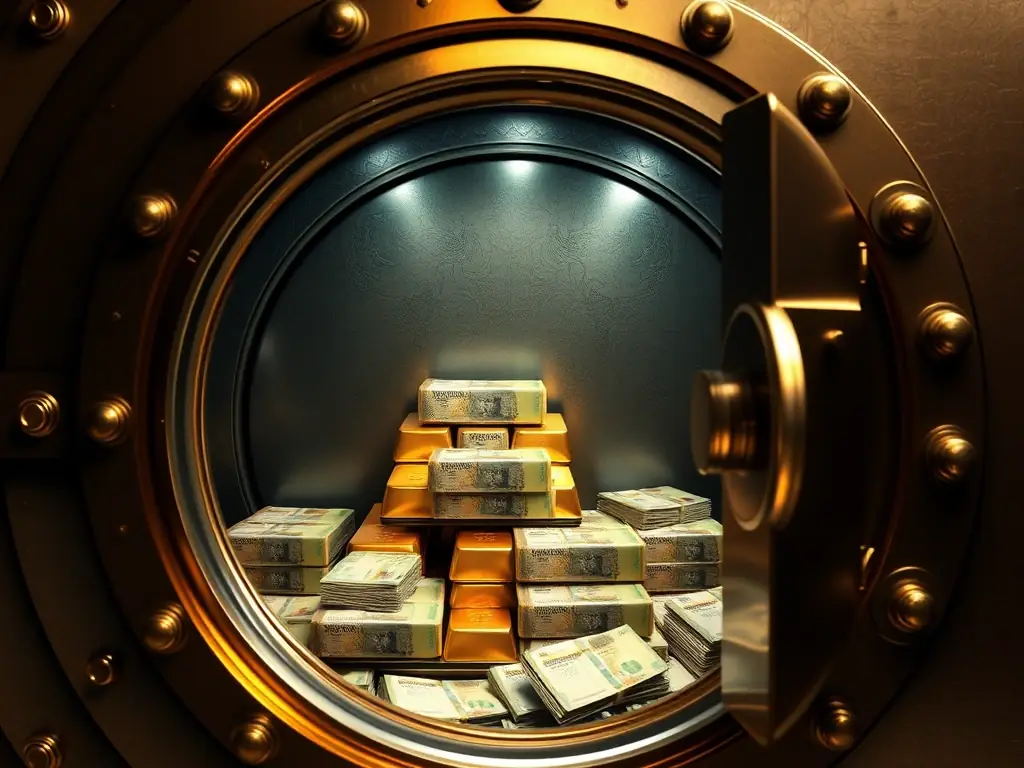 A secure vault with gold bars and stacks of cash, symbolizing wealth management and financial security in a South African context.