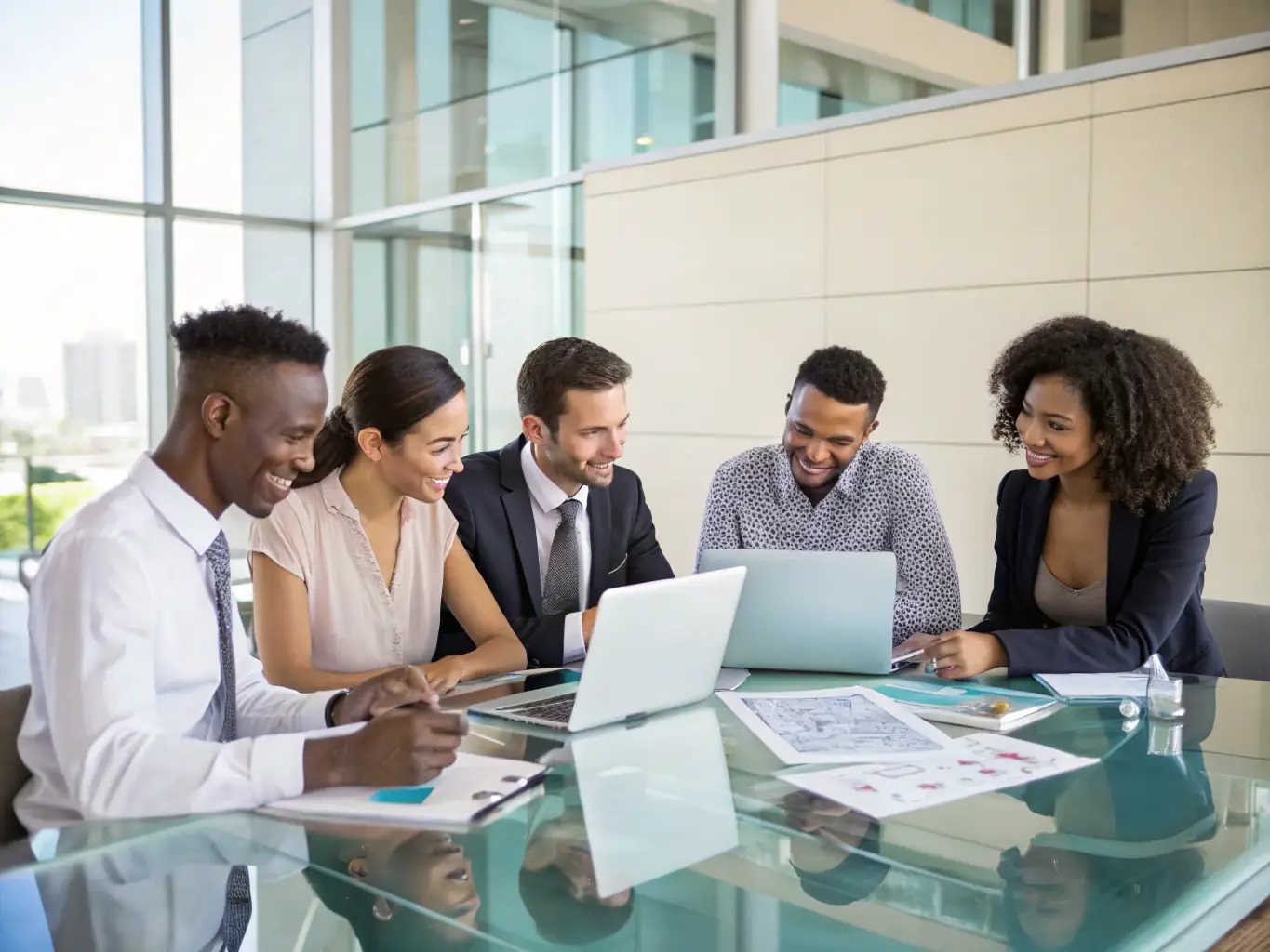 A diverse group of South African professionals collaborating in a modern office, symbolizing AcceleratorFlow's commitment to teamwork and client success.