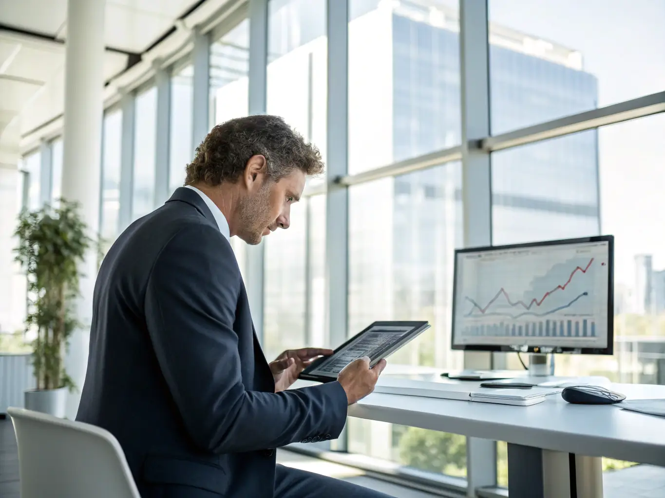 An image of a financial advisor analyzing investment charts on a digital tablet with a backdrop of the South African skyline, representing AcceleratorFlow's investment strategies.