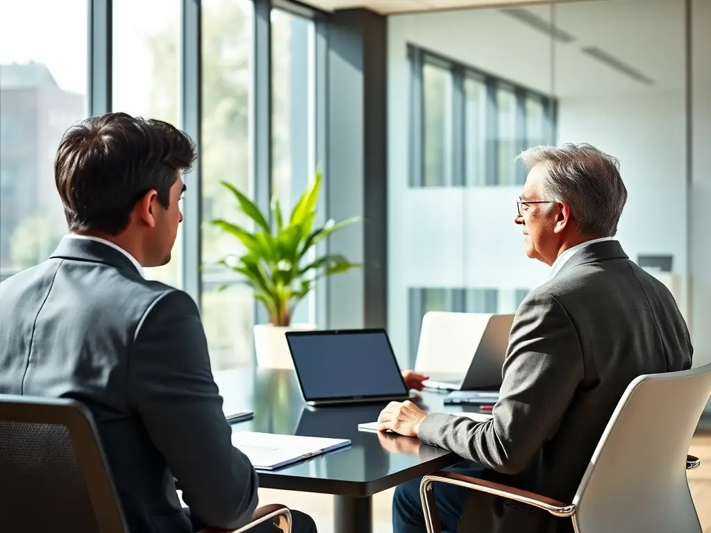A professional South African financial consultant is meeting with a client in a modern office setting, reviewing financial documents and discussing investment options, with Johannesburg skyline visible through the window.
